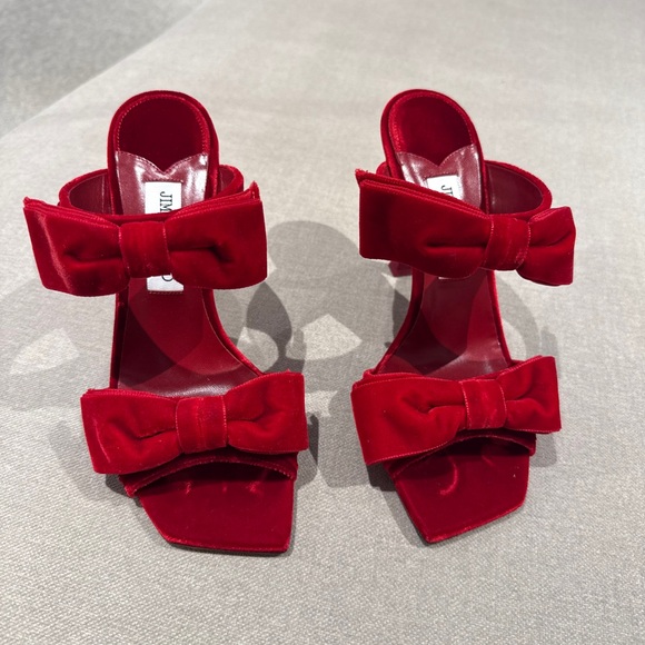 Jimmy Choo Red Velvet Bow Heels - Picture 2 of 4